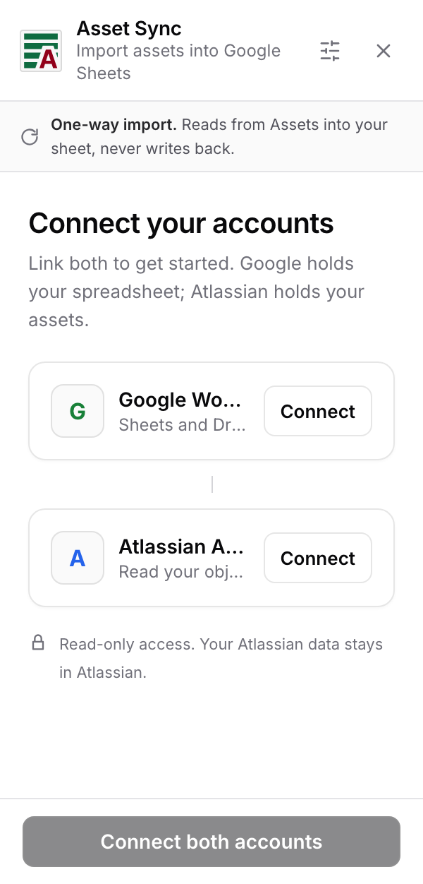 The connect screen, with Connect buttons for Google Workspace and Atlassian Assets