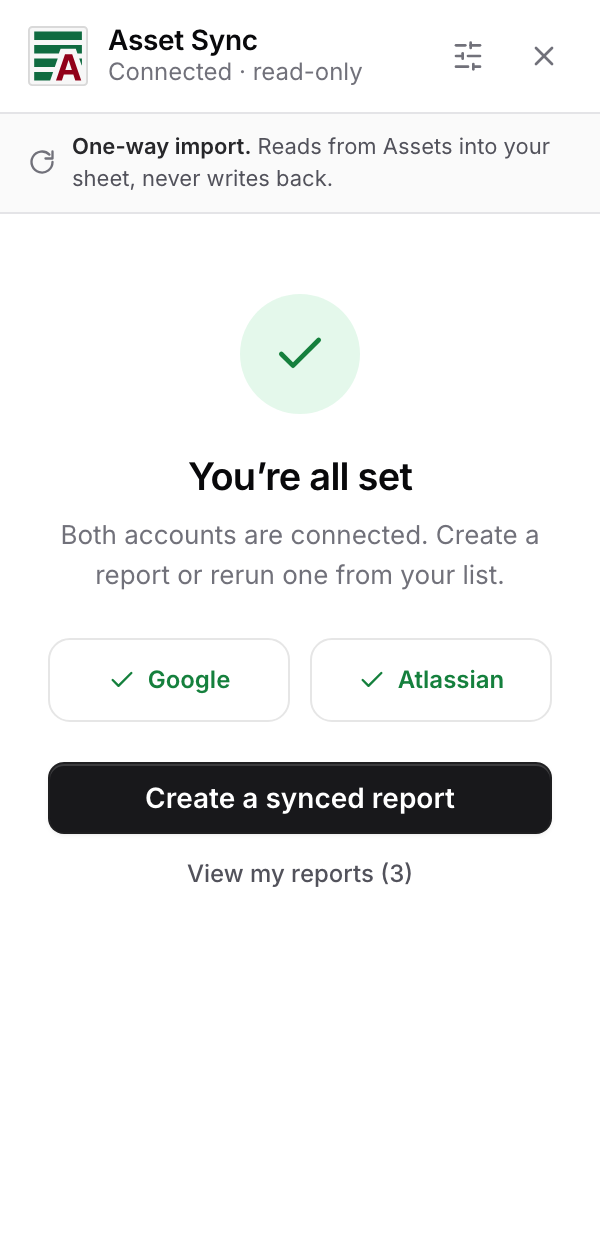The ready screen, both accounts ticked, with a Create a synced report button