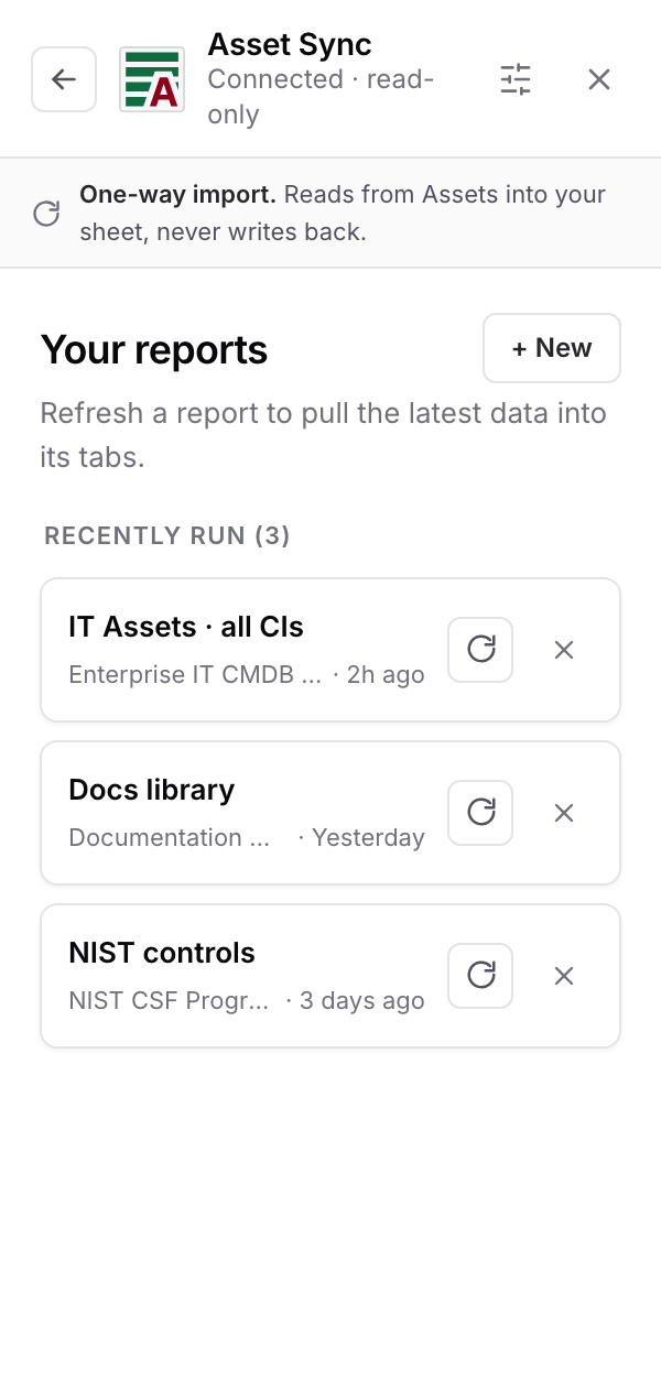 The reports list showing three recently run reports, each with refresh and delete buttons