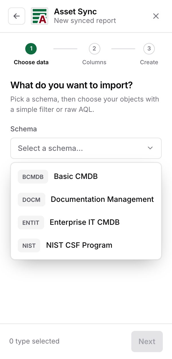 Step one with the schema dropdown open, listing the available schemas