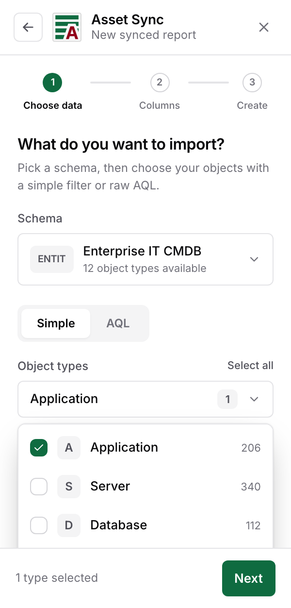 The object types dropdown open on the Enterprise IT CMDB schema, with Application ticked and Server and Database still unticked