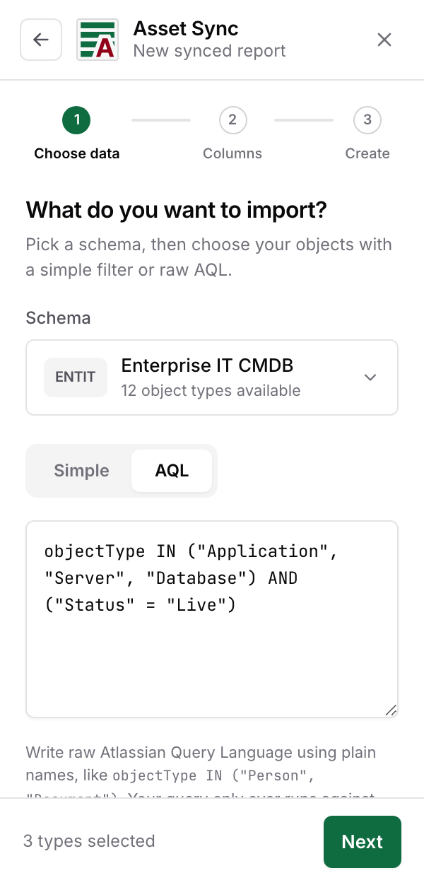 AQL mode with the pre-filled query and the schema-scoping note beneath it