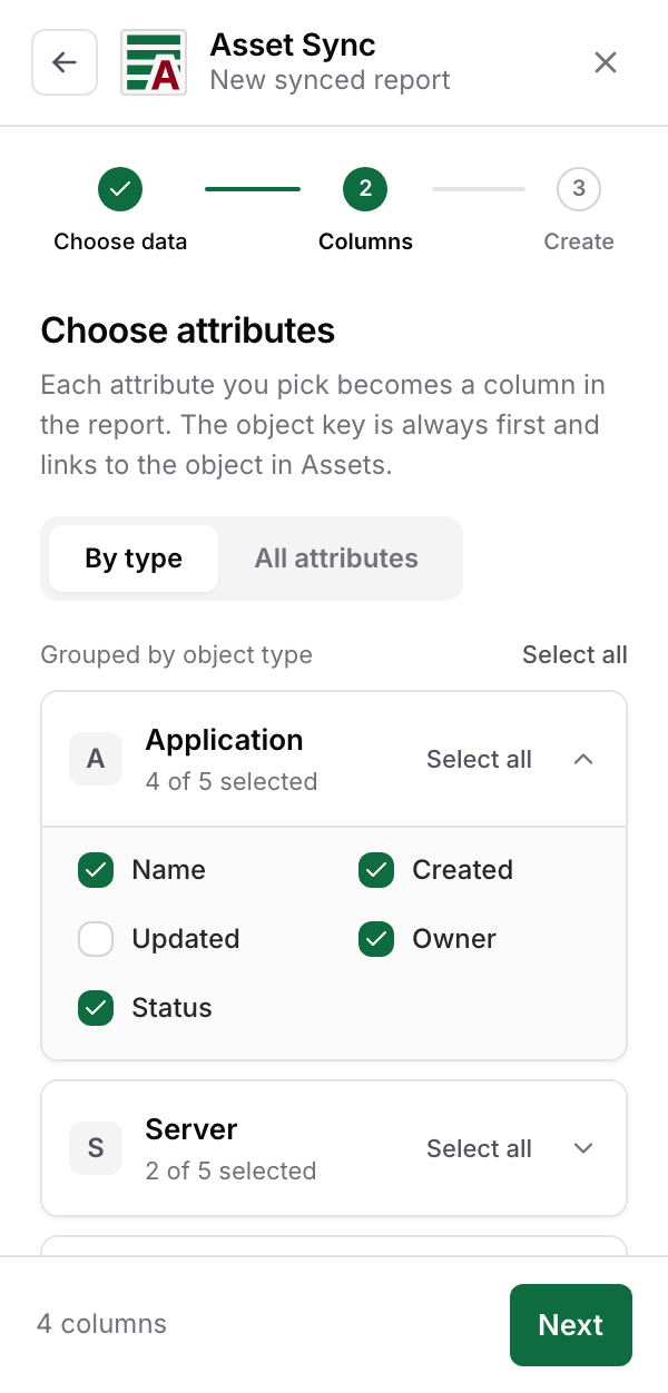 Step two grouped by object type, with four of the Application type's five attributes selected