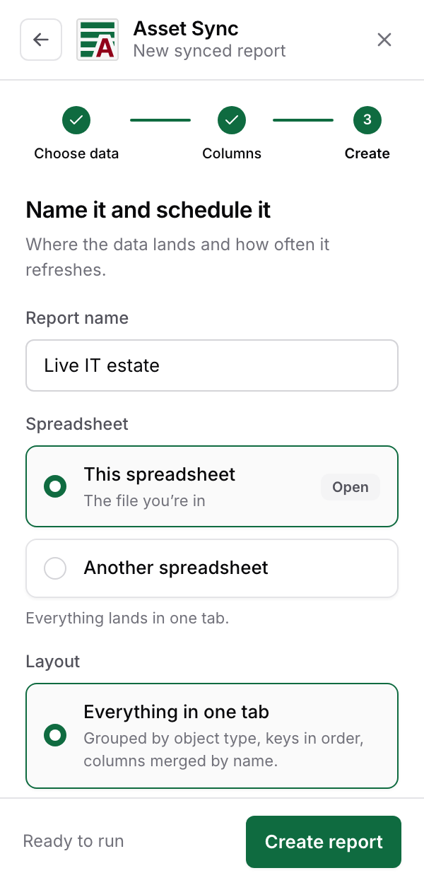 Step three with the report name, the spreadsheet choice, and the layout choice