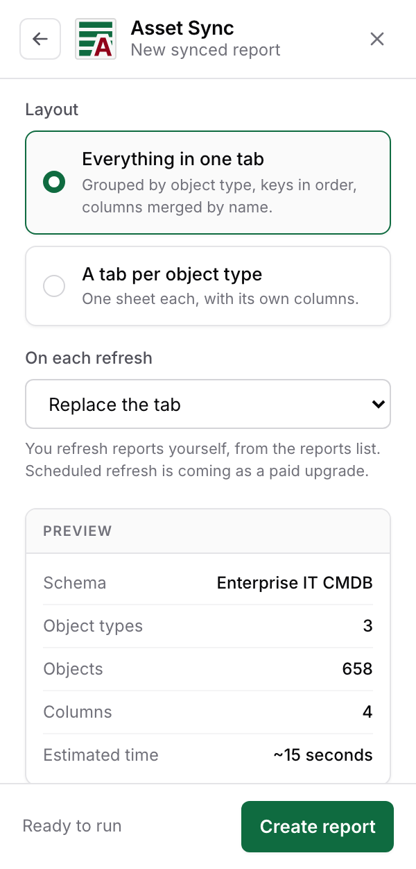 The lower half of step three: the layout choice, the on-each-refresh selector set to Replace the tab, and the preview totalling schema, object types, objects, columns and estimated time
