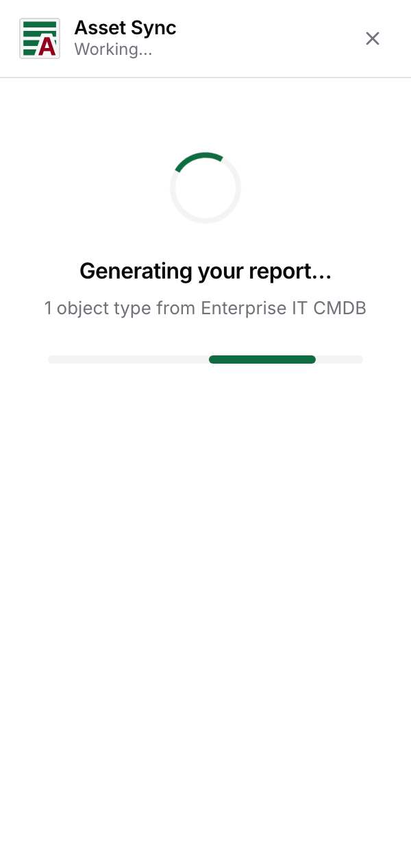 The running screen partway through a run: a spinner, the report being generated, and a progress bar
