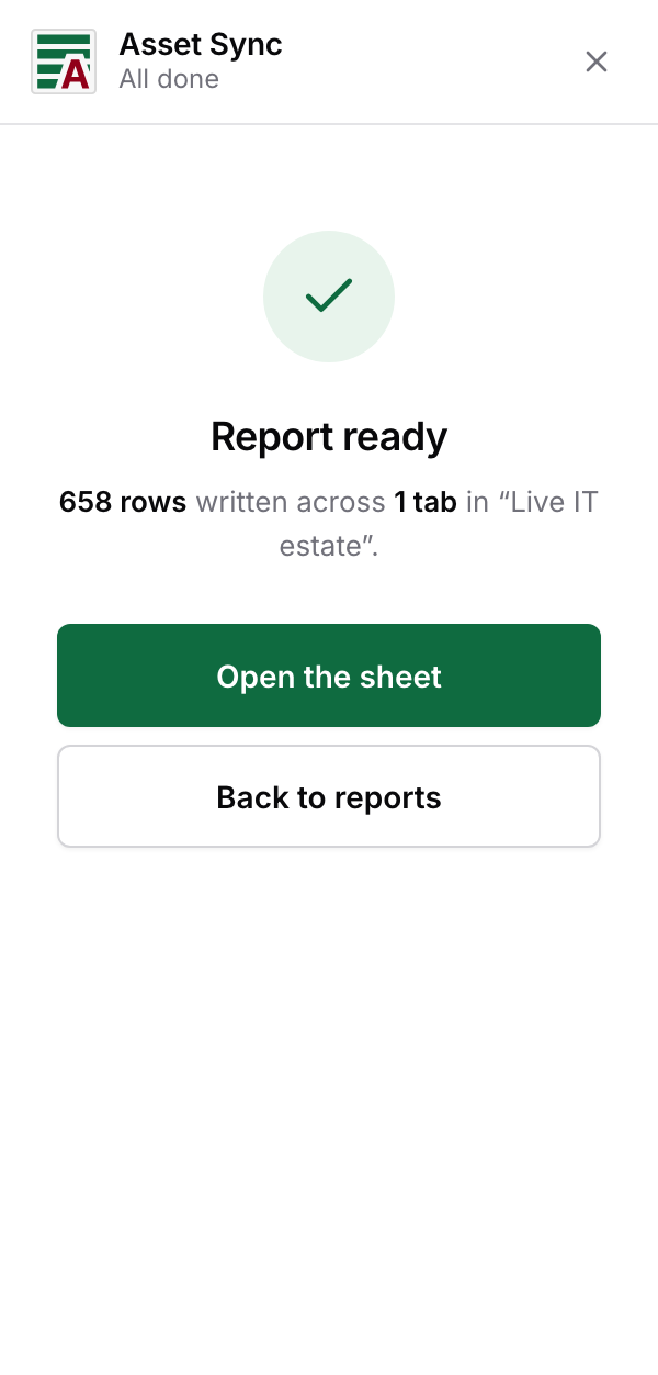 The done screen: 658 rows written across 1 tab in the Live IT estate spreadsheet
