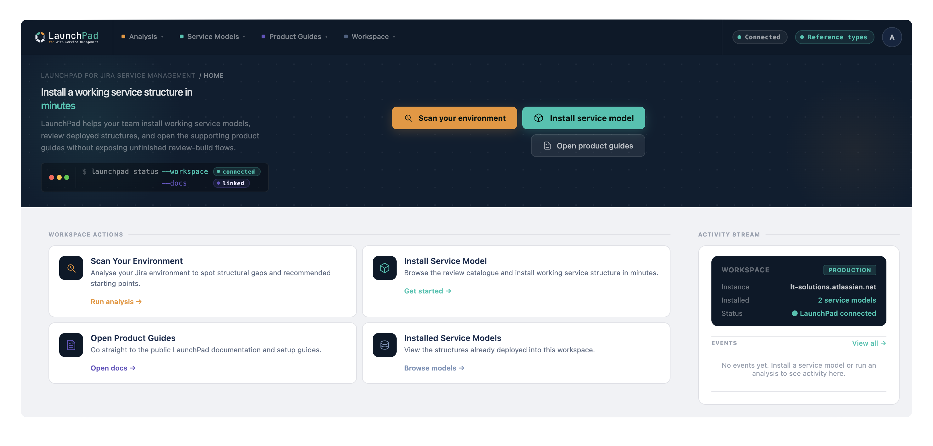LaunchPad home screen showing workspace actions, metrics, and activity stream
