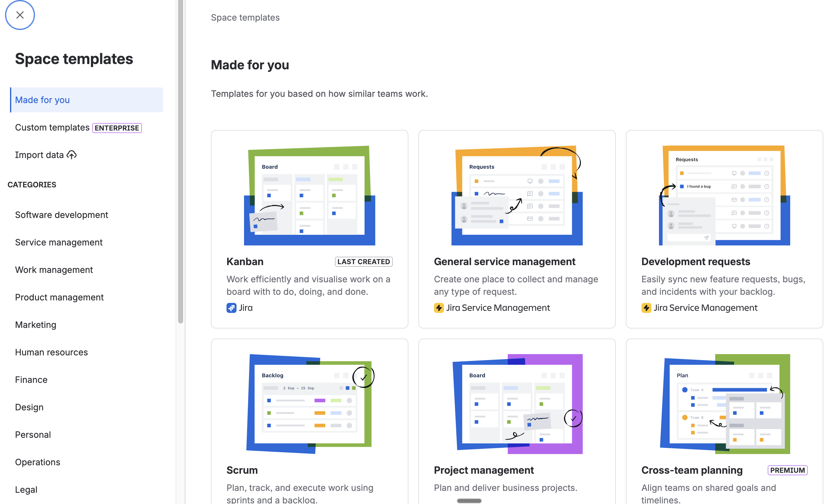 Jira space creation screen showing Service management templates including IT service management