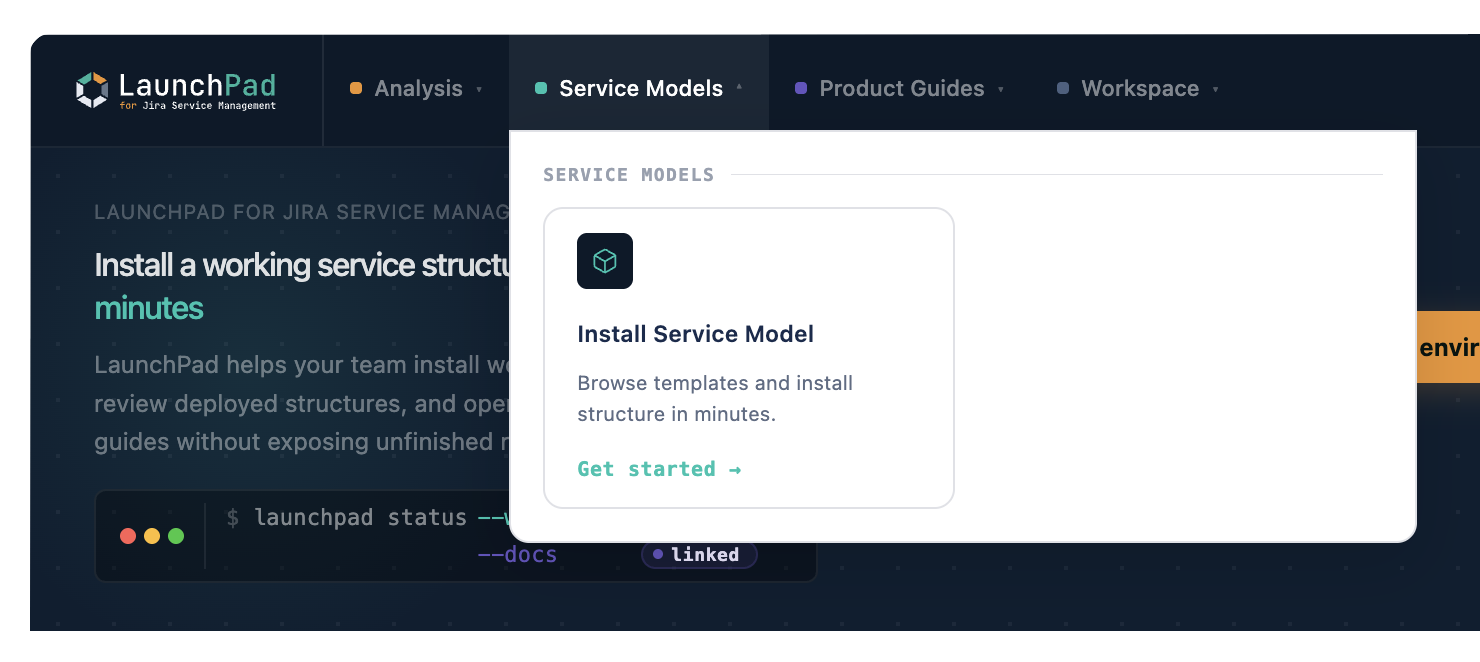 Service Models menu showing the Install Service Model entry point